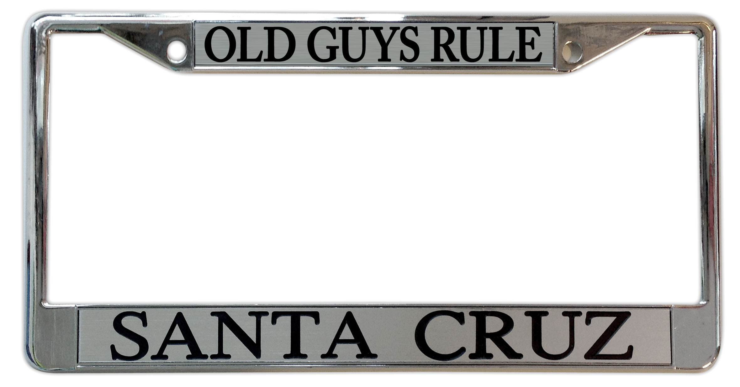 License Plate Frame "Old Guys Rule Santa Cruz" Chrome